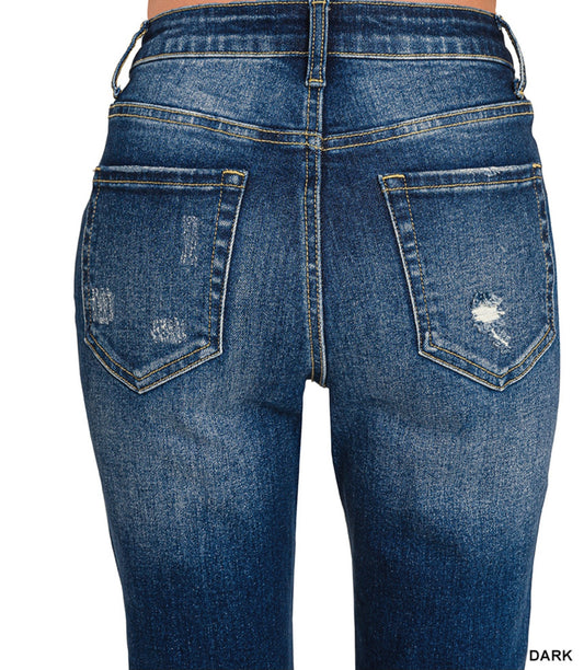 HIGH RISE STRAIGHT RAW HEM CROPPED DARK DENIM JEANS