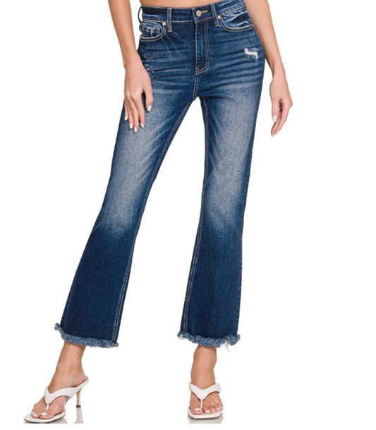 HIGH RISE STRAIGHT RAW HEM CROPPED DARK DENIM JEANS
