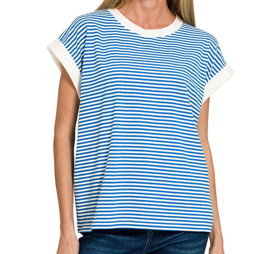 COTTON STRIPED SHORT SLEEVE TOP | OCEAN BLUE OR HOT PINK & WHITE STRIPE