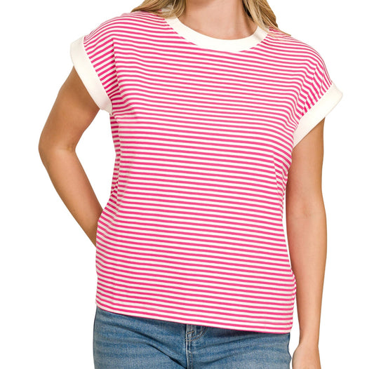 COTTON STRIPED SHORT SLEEVE TOP | OCEAN BLUE OR HOT PINK & WHITE STRIPE