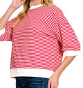 RUBY RED & WHITE STRIPE CONTRAST TRIM ELBOW SLEEVE LENGTH TOP