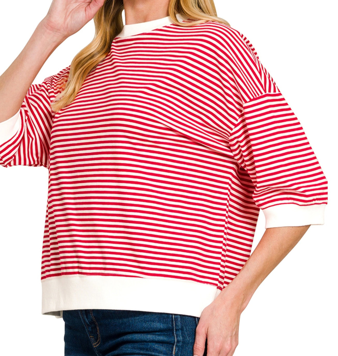 RUBY RED & WHITE STRIPE CONTRAST TRIM ELBOW SLEEVE LENGTH TOP