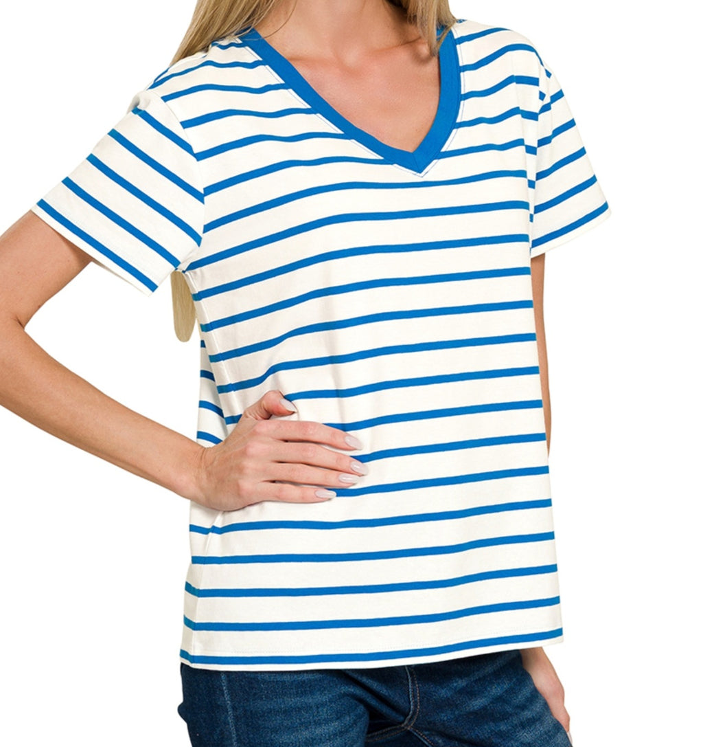 V-NECK STRIPED SHORT SLEEVE COTTON TOP | CANDY PINK OR OCEAN BLUE & WHITE