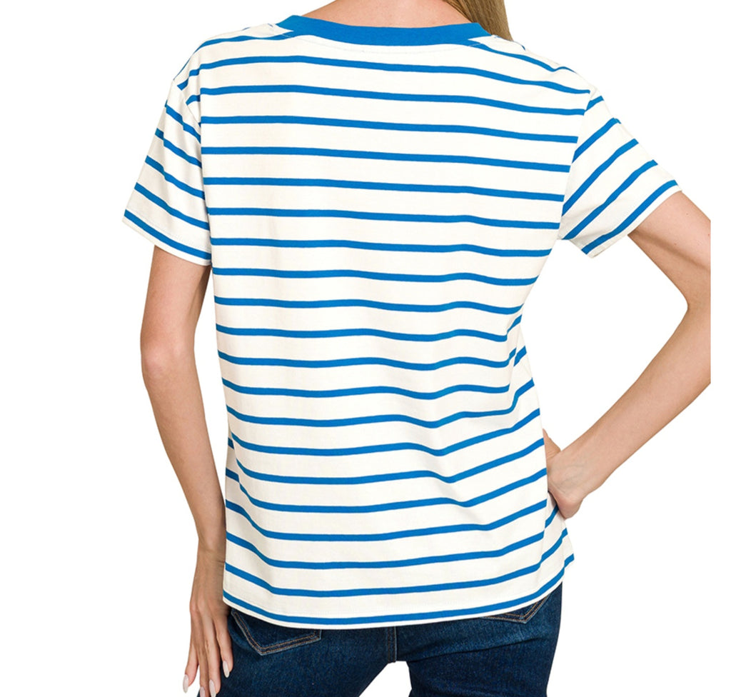 V-NECK STRIPED SHORT SLEEVE COTTON TOP | CANDY PINK OR OCEAN BLUE & WHITE