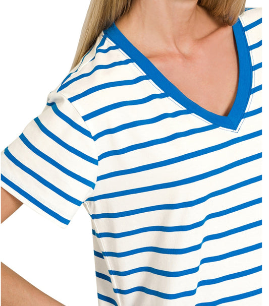 V-NECK STRIPED SHORT SLEEVE COTTON TOP | CANDY PINK OR OCEAN BLUE & WHITE