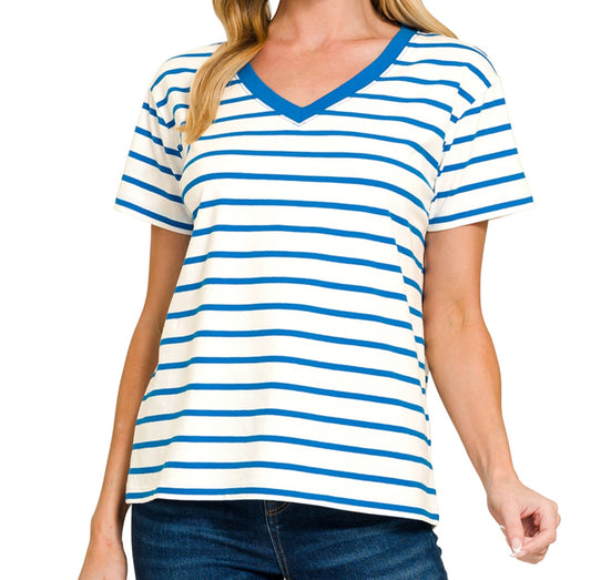 V-NECK STRIPED SHORT SLEEVE COTTON TOP | CANDY PINK OR OCEAN BLUE & WHITE