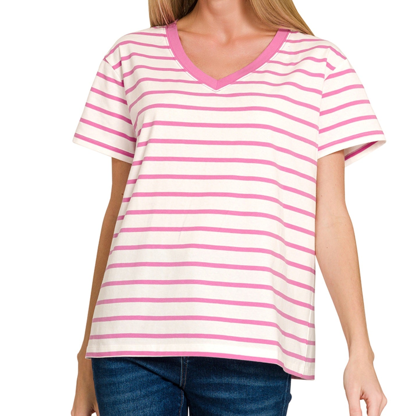 V-NECK STRIPED SHORT SLEEVE COTTON TOP | CANDY PINK OR OCEAN BLUE & WHITE