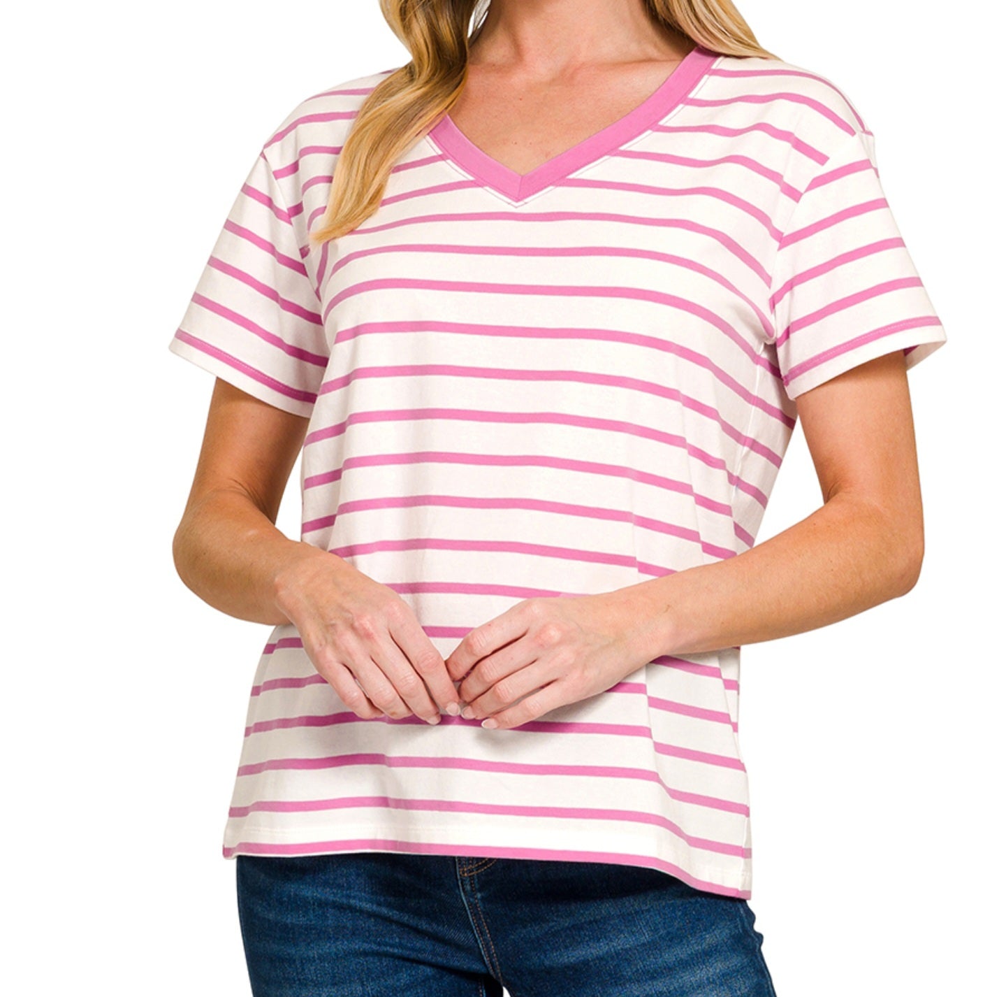 V-NECK STRIPED SHORT SLEEVE COTTON TOP | CANDY PINK OR OCEAN BLUE & WHITE