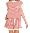 RUBY RED & WHITE STRIPE CONTRAST SHORT SLEEVE TOP & SHORTS SET | SMALL ONLY