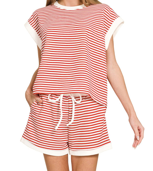 RUBY RED & WHITE STRIPE CONTRAST SHORT SLEEVE TOP & SHORTS SET