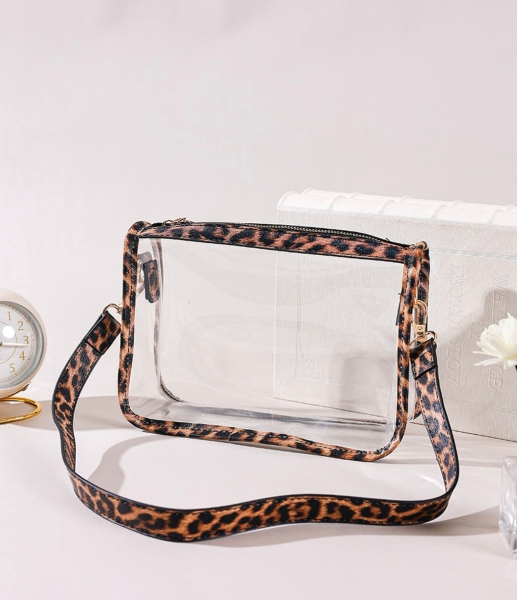 CLEAR STADIUM WITH BOTH CHAIN & FAUX LEATHER STRAP CROSSBODY HANDBAG | TRIM IN LEOPARD PRINT OR GOLD