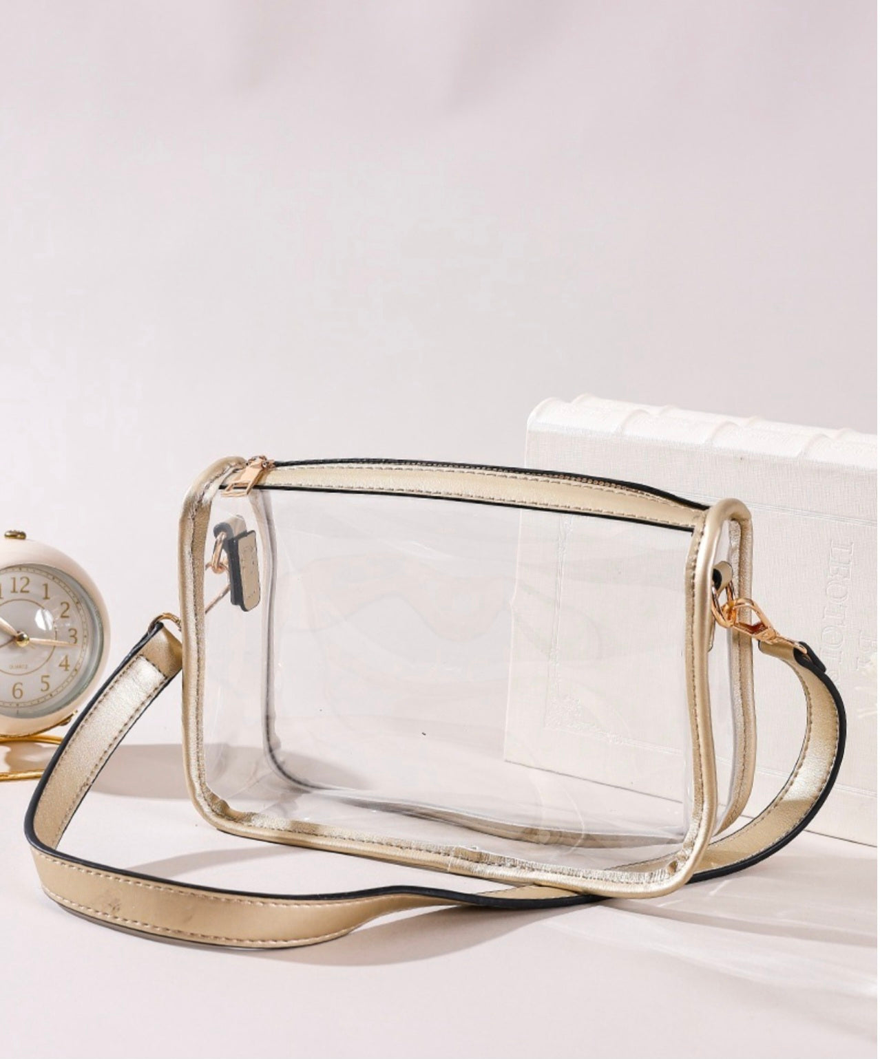 CLEAR STADIUM WITH BOTH CHAIN & FAUX LEATHER STRAP CROSSBODY HANDBAG | TRIM IN LEOPARD PRINT OR GOLD