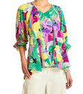 UMGEE WAIST-SHIRRED V-NECK FLORAL 3/4 ELASTIC RUFFLE SLEEVE TOP