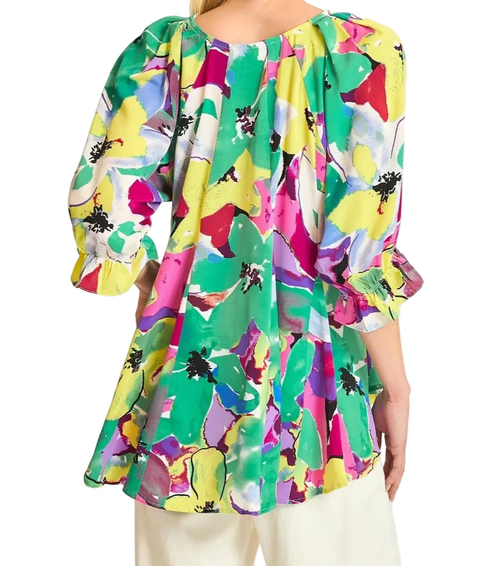 UMGEE WAIST-SHIRRED V-NECK FLORAL 3/4 ELASTIC RUFFLE SLEEVE TOP