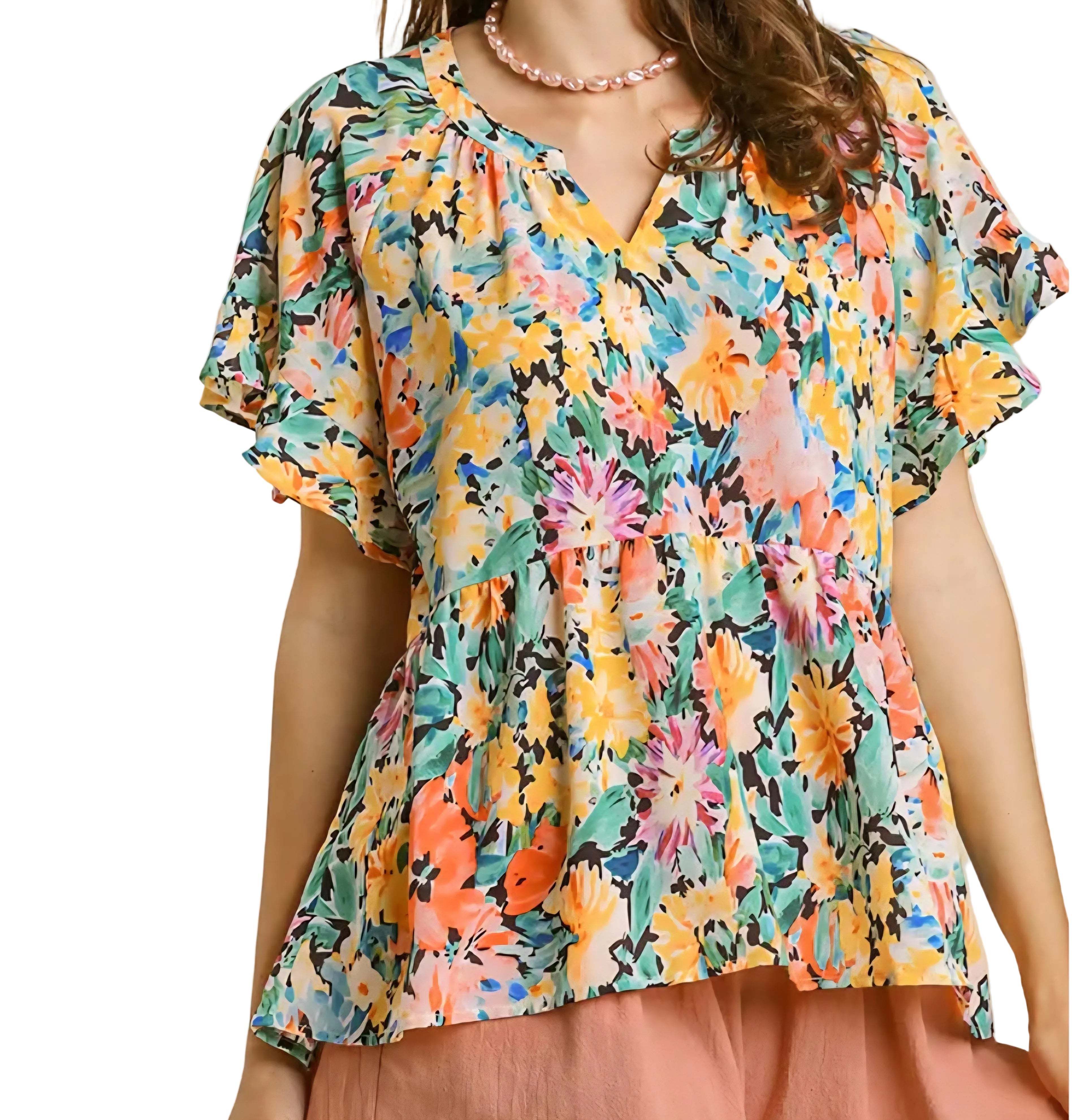 UMGEE V-NOTCH FLORAL SHORT RUFFLE SLEEVE TOP