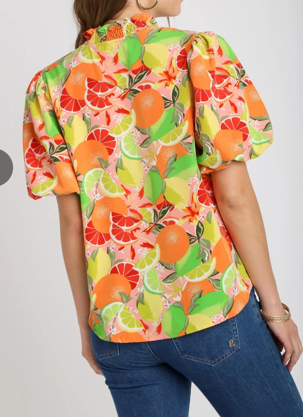UMGEE SMOCKED V-NOTCHED FRUIT PRINT ELBOW LENGTH PUFF SLEEVE TOP