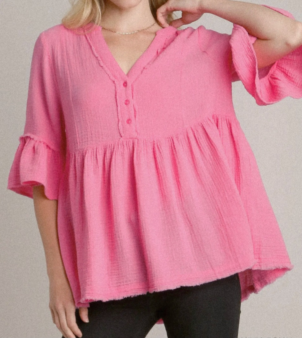 UMGEE V-NECK COTTON GAUZE BABY DOLL ELBOW LENGTH RUFFLE BELL SLEEVE TOP | PINK OR GREEN | Charlotte's Classy Closet