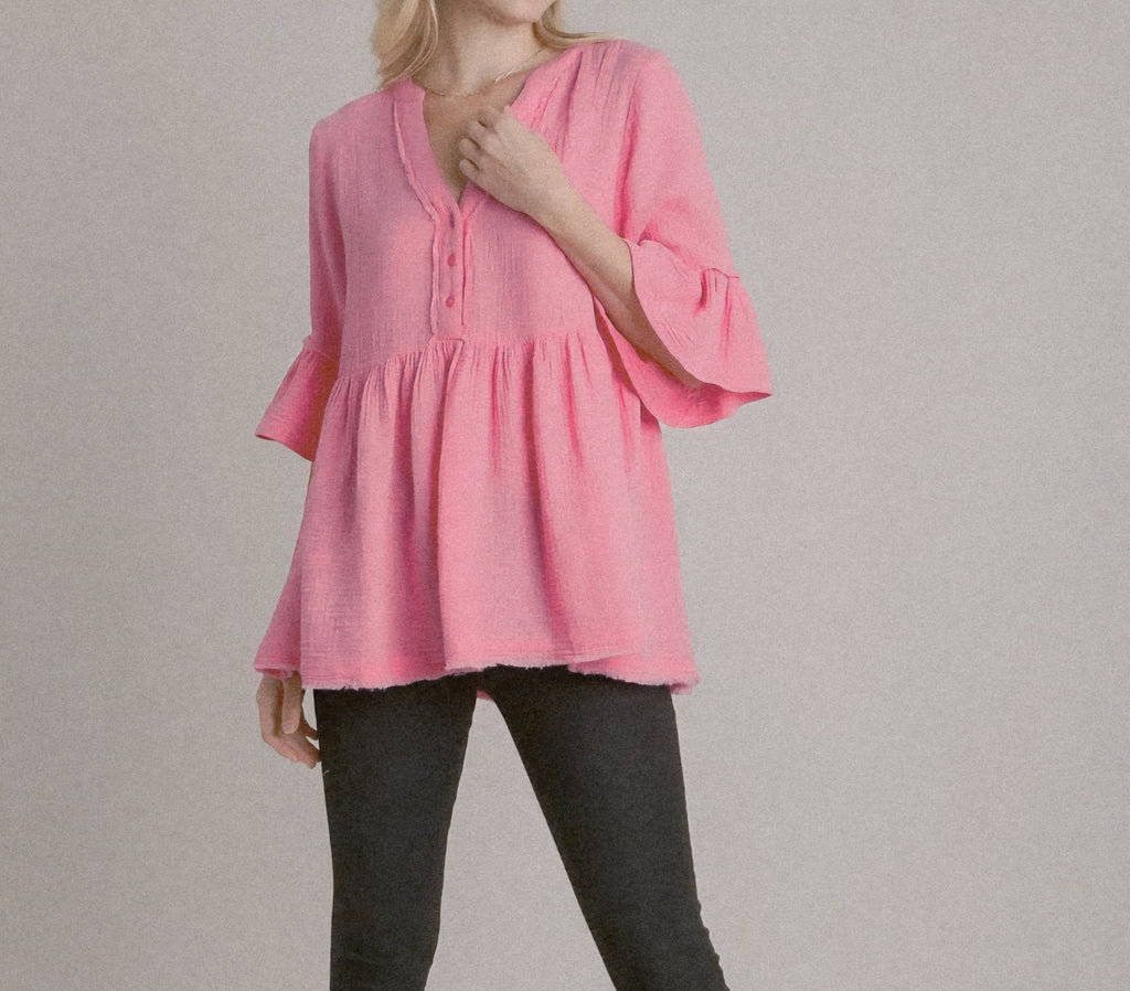 UMGEE V-NECK COTTON GAUZE BABY DOLL ELBOW LENGTH RUFFLE BELL SLEEVE TOP | PINK OR GREEN | Charlotte's Classy Closet