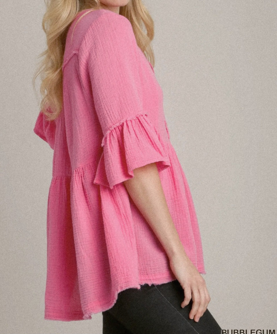 UMGEE V-NECK COTTON GAUZE BABY DOLL ELBOW LENGTH RUFFLE BELL SLEEVE TOP | PINK OR GREEN | Charlotte's Classy Closet