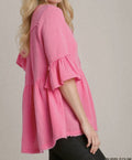 SALE - UMGEE V-NECK COTTON GAUZE BABY DOLL ELBOW LENGTH RUFFLE BELL SLEEVE TOP | Pink or Green