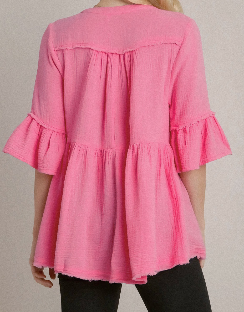 UMGEE V-NECK COTTON GAUZE BABY DOLL ELBOW LENGTH RUFFLE BELL SLEEVE TOP | PINK OR GREEN | Charlotte's Classy Closet