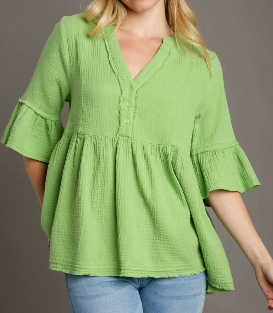UMGEE V-NECK COTTON GAUZE BABY DOLL ELBOW LENGTH RUFFLE BELL SLEEVE TOP | PINK OR GREEN | Charlotte's Classy Closet