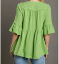UMGEE V-NECK COTTON GAUZE BABY DOLL ELBOW LENGTH RUFFLE BELL SLEEVE TOP | PINK OR GREEN | Charlotte's Classy Closet
