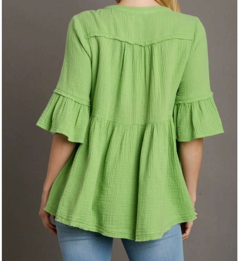 UMGEE V-NECK COTTON GAUZE BABY DOLL ELBOW LENGTH RUFFLE BELL SLEEVE TOP | PINK OR GREEN | Charlotte's Classy Closet