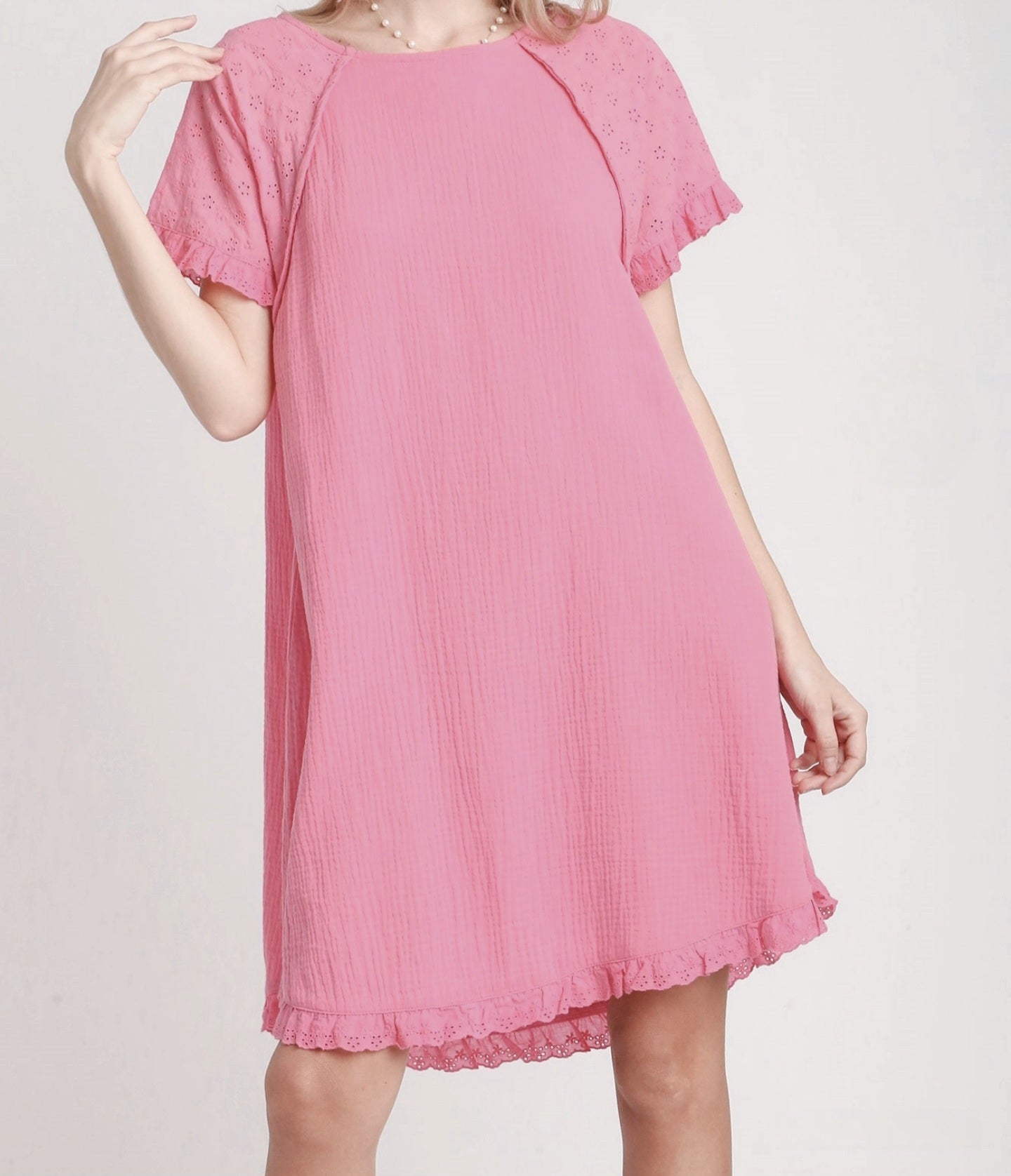 UMGEE COTTON GAUZE EYELET RUFFLE S/S & EYELET HEM PINK DRESS