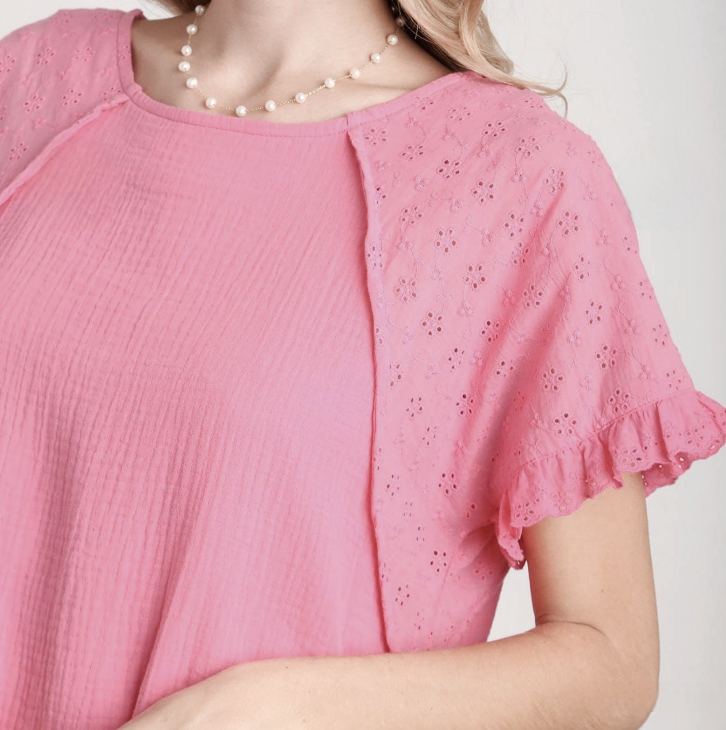 UMGEE COTTON GAUZE EYELET RUFFLE S/S & EYELET HEM PINK DRESS