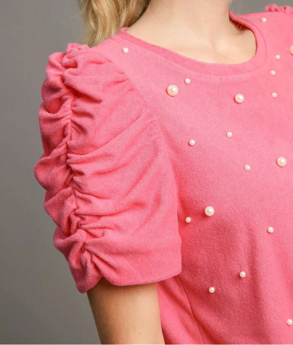 UMGEE PEARL EMBELLISHED PINK ROUND NECK TOP