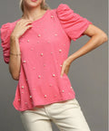 UMGEE PEARL EMBELLISHED PINK ROUND NECK TOP