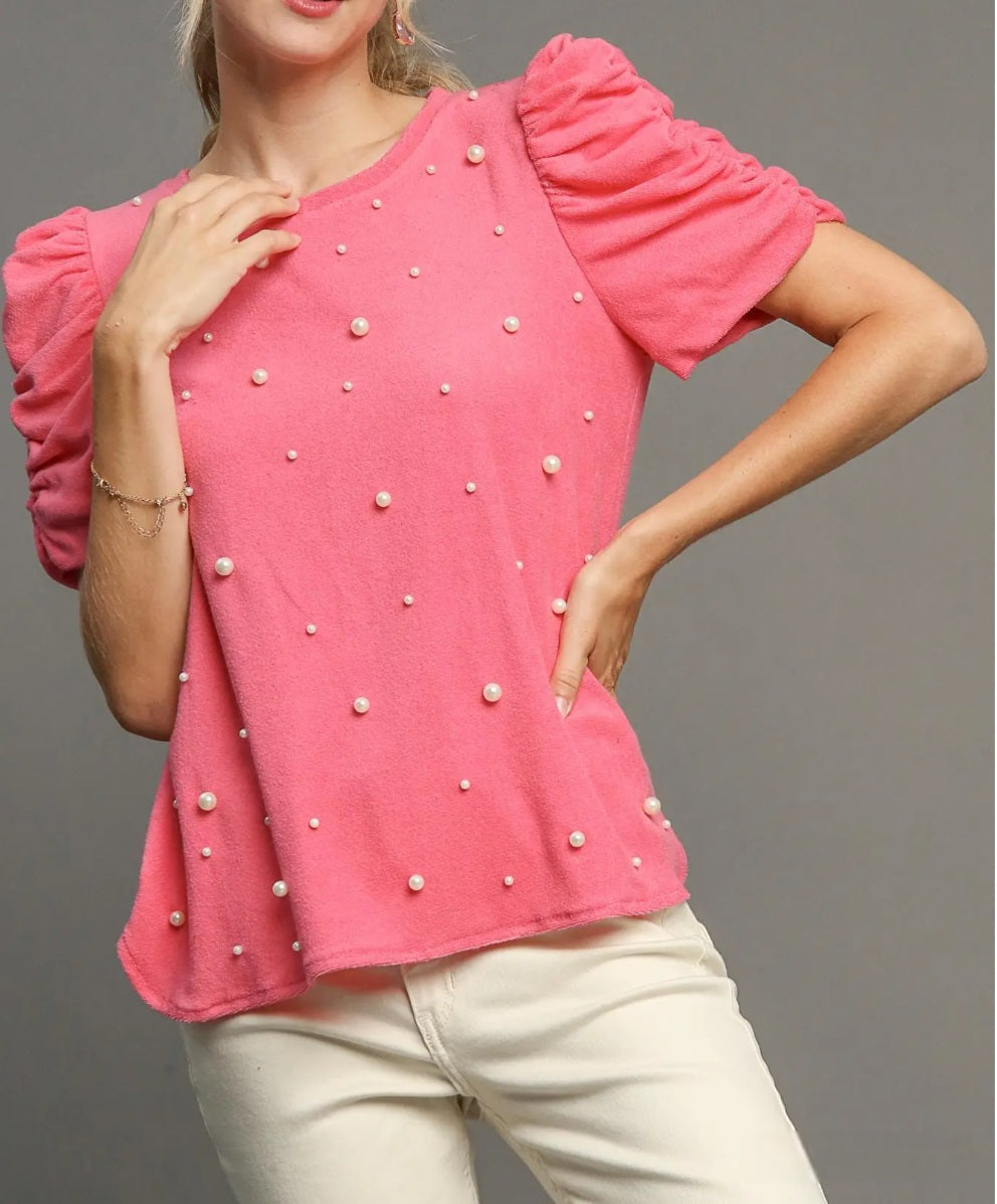 UMGEE PEARL EMBELLISHED PINK ROUND NECK TOP