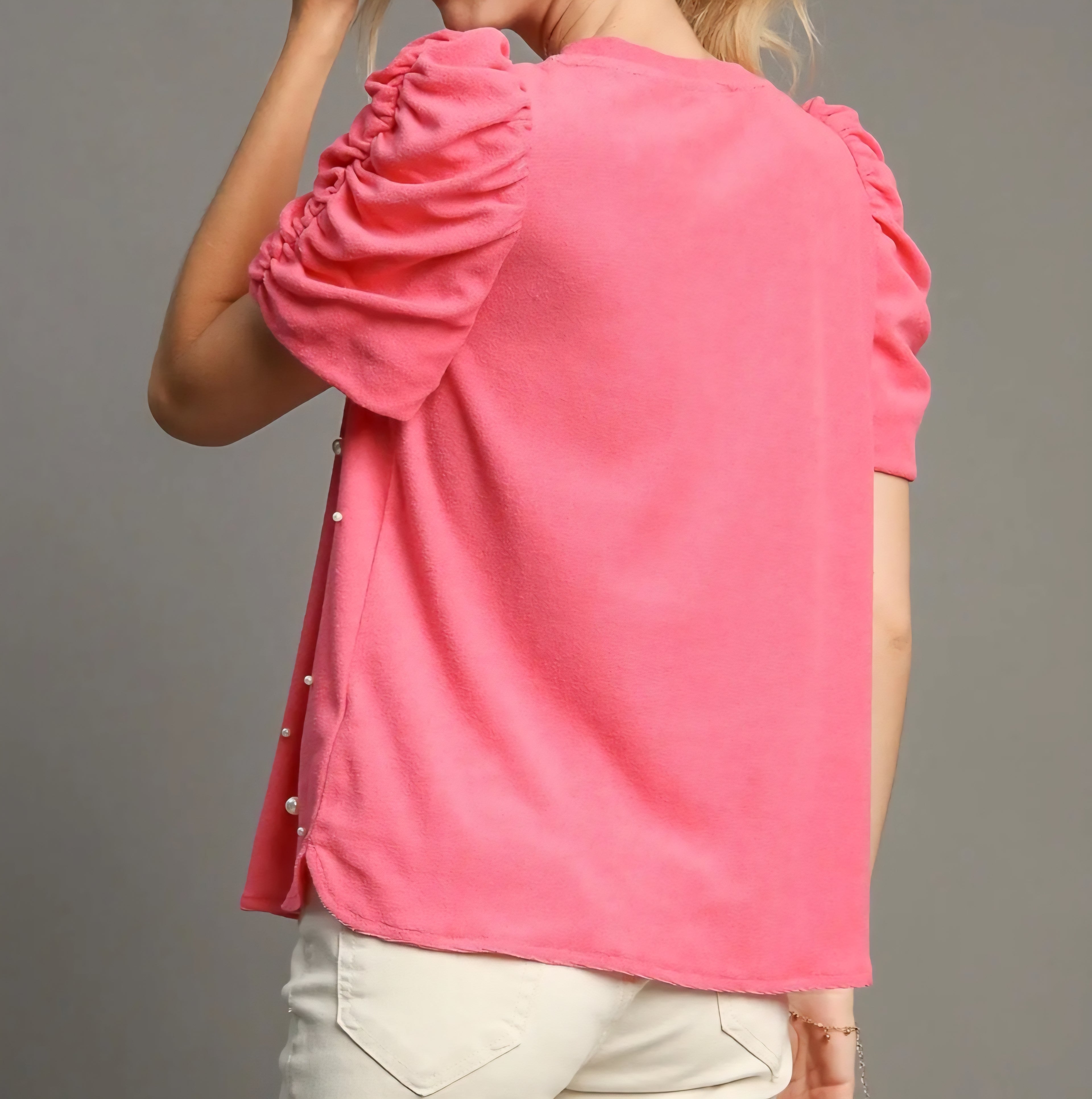 UMGEE PEARL EMBELLISHED PINK ROUND NECK TOP