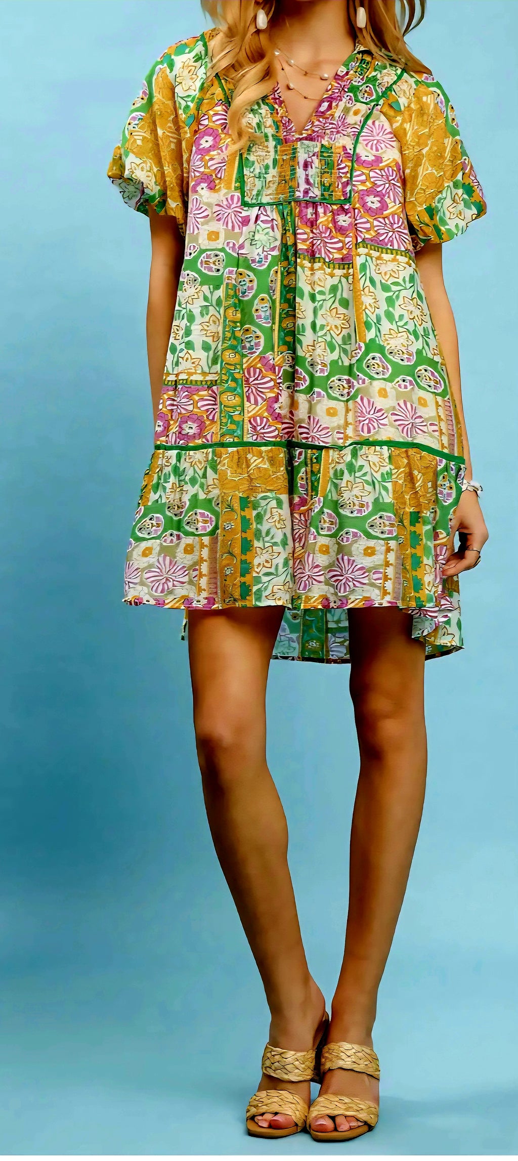 Woman wearing a colorful patterned dress against a blue background