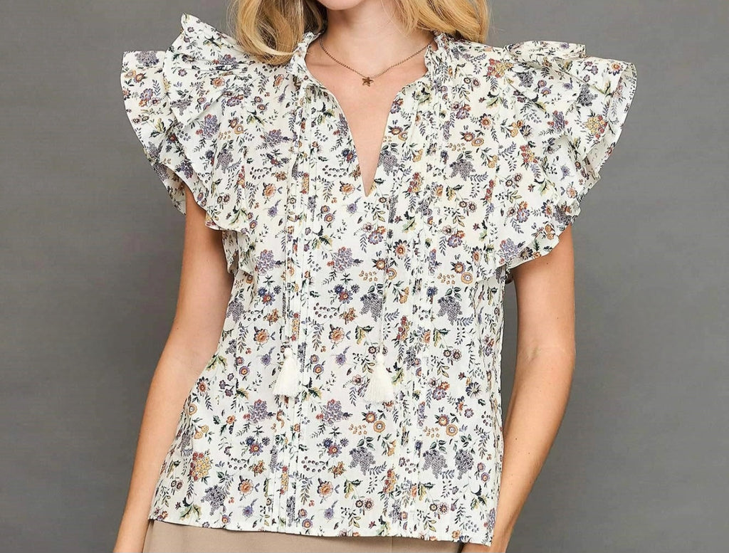 UMGEE FLORAL PINTUCK DOUBLE RUFFLE DOUBLE STANDOUT FLUTTER SLEEVE