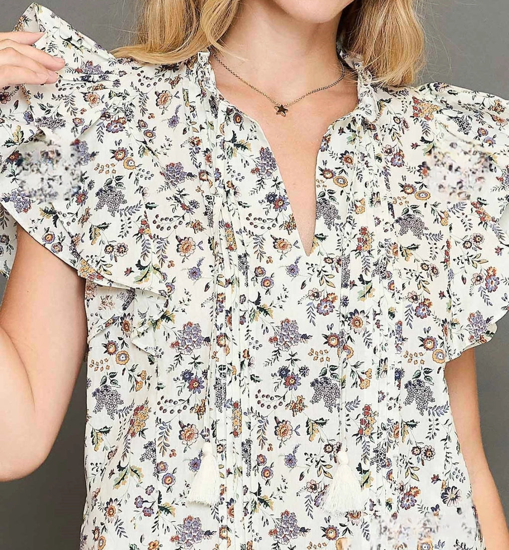 UMGEE FLORAL PINTUCK DOUBLE RUFFLE DOUBLE STANDOUT FLUTTER SLEEVE