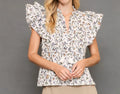 UMGEE FLORAL PINTUCK DOUBLE RUFFLE DOUBLE STANDOUT FLUTTER SLEEVE