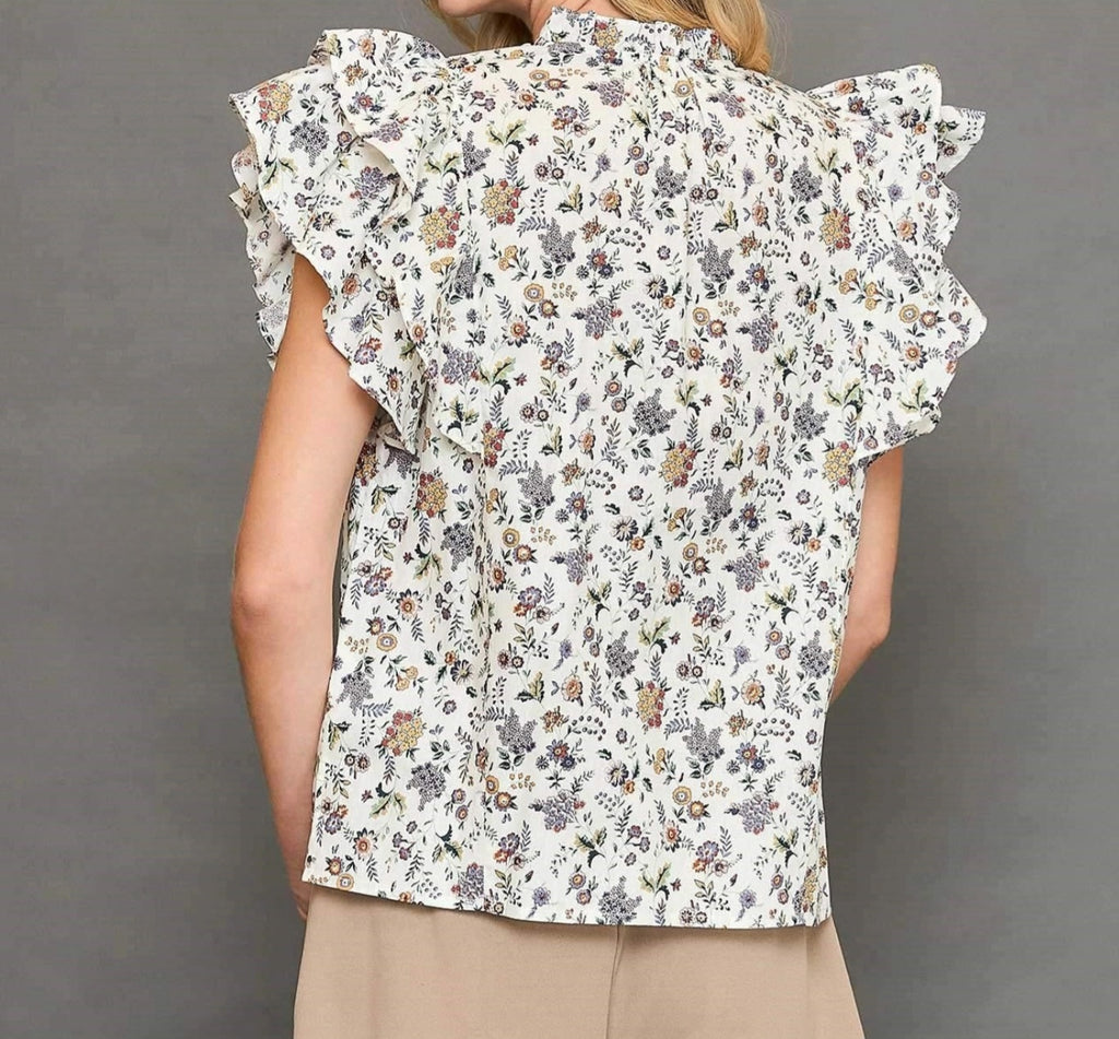 UMGEE FLORAL PINTUCK DOUBLE RUFFLE DOUBLE STANDOUT FLUTTER SLEEVE