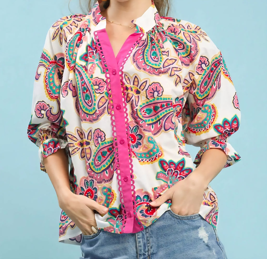 UMGEE PAISLEY BUTTON FRONT DETAILED 3/4 TOP