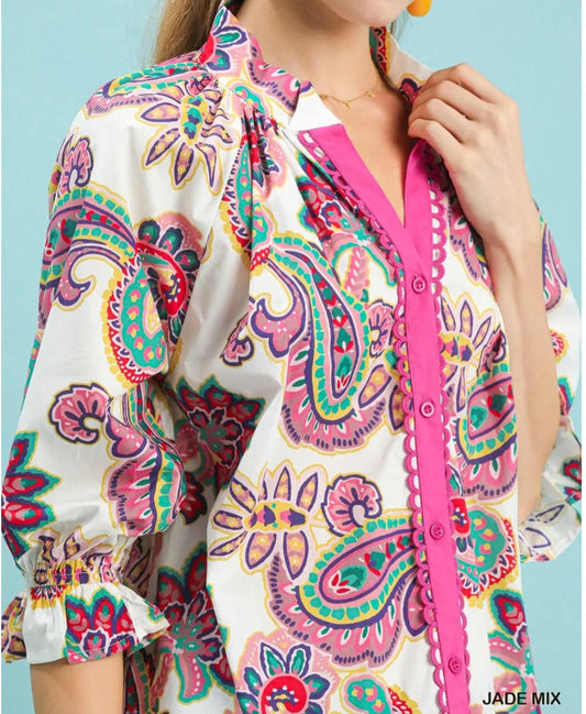 UMGEE PAISLEY BUTTON FRONT DETAILED 3/4 TOP