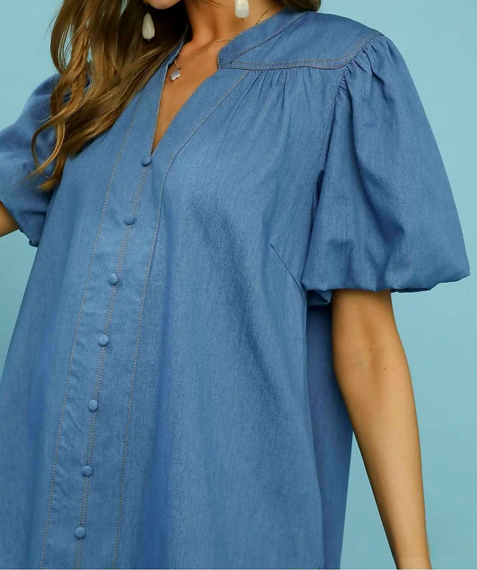 UMGEE CHAMBRAY DENIM BLUE S/S PUFF SLEEVE DRESS