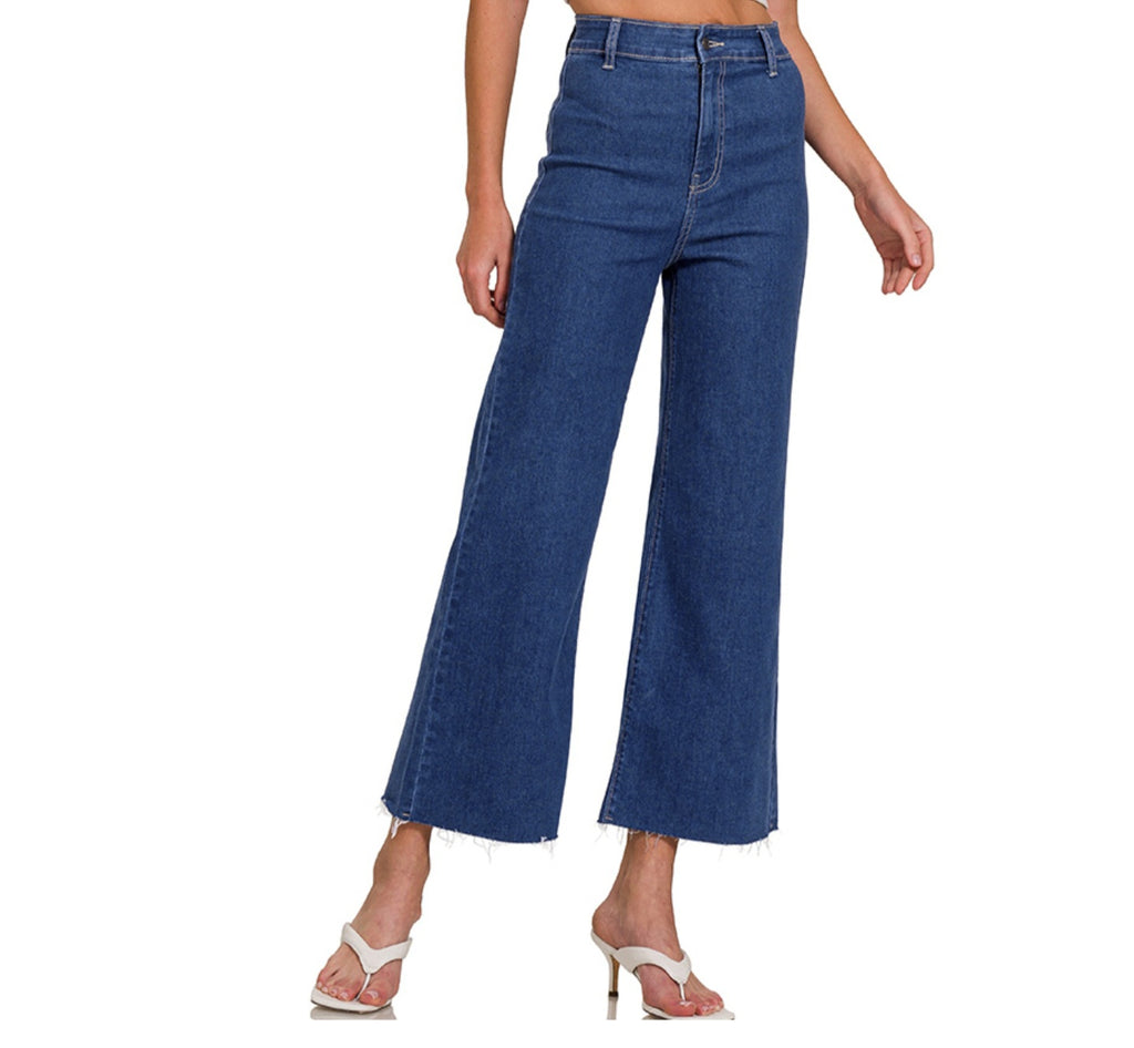 HIGH RISE RAW HEM WIDE LEG CROPPED DENIM JEANS | Charlotte's Classy Closet