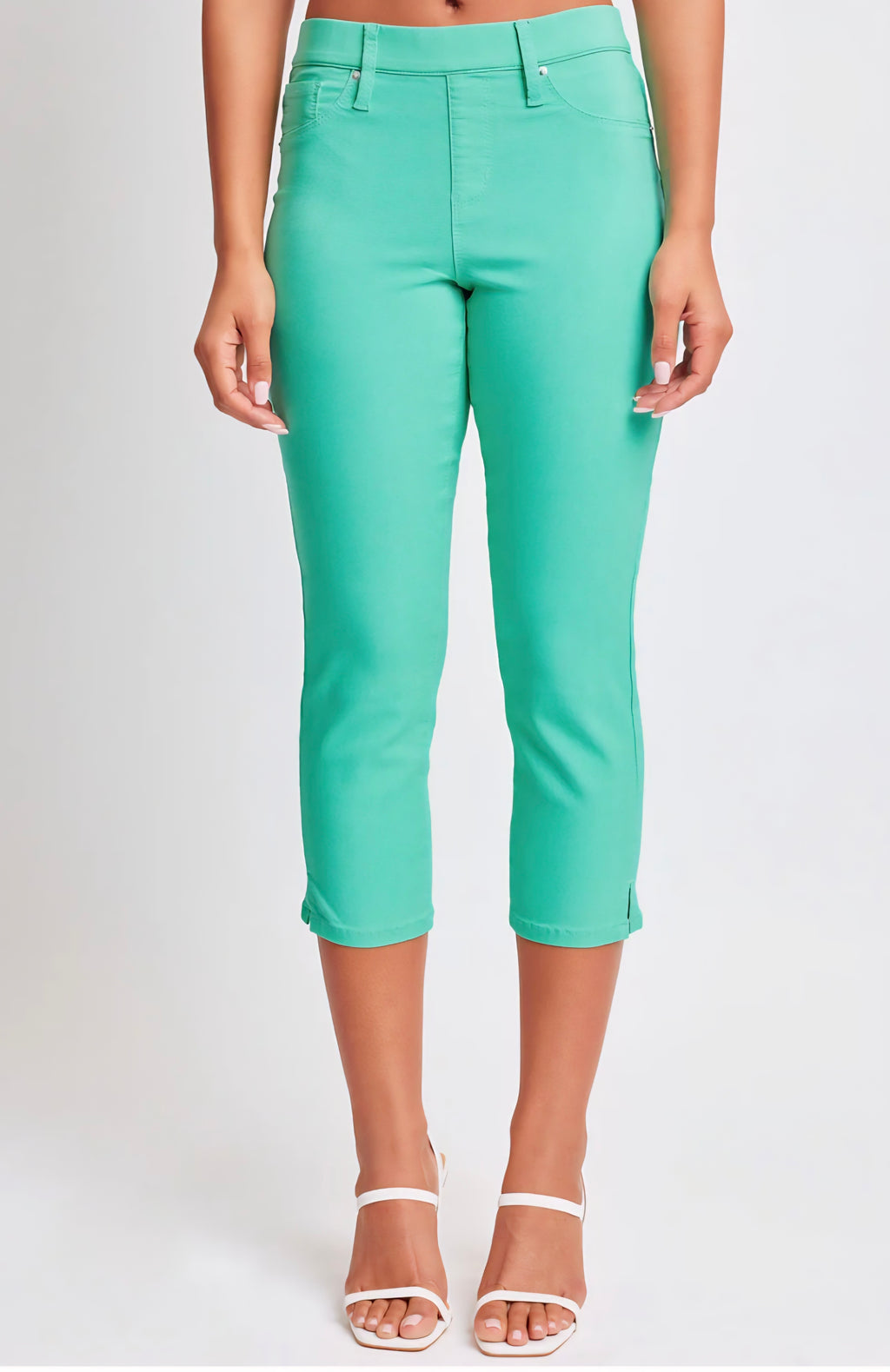HYPERSTRETCH HIGH RISE PULL ON SIDE SLIT CAPRI PANT | Aquamarine or Coral | L & XL Only