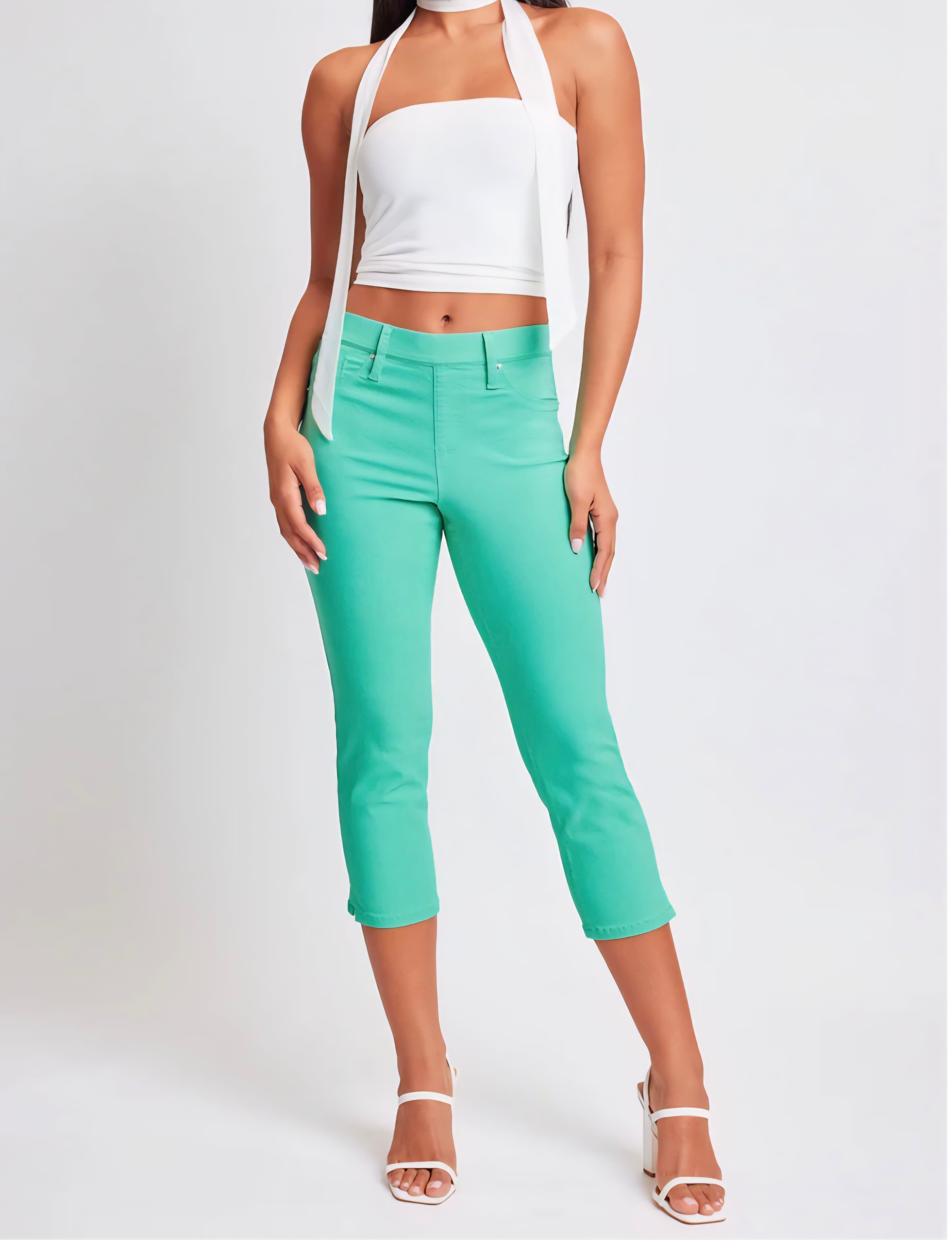HYPERSTRETCH HIGH RISE PULL ON SIDE SLIT CAPRI PANT | Aquamarine or Coral | L & XL Only
