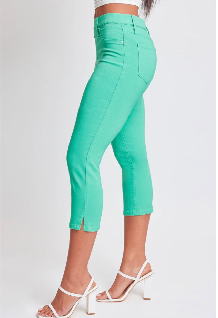 HYPERSTRETCH HIGH RISE PULL ON SIDE SLIT CAPRI PANT | Aquamarine or Coral | L & XL Only