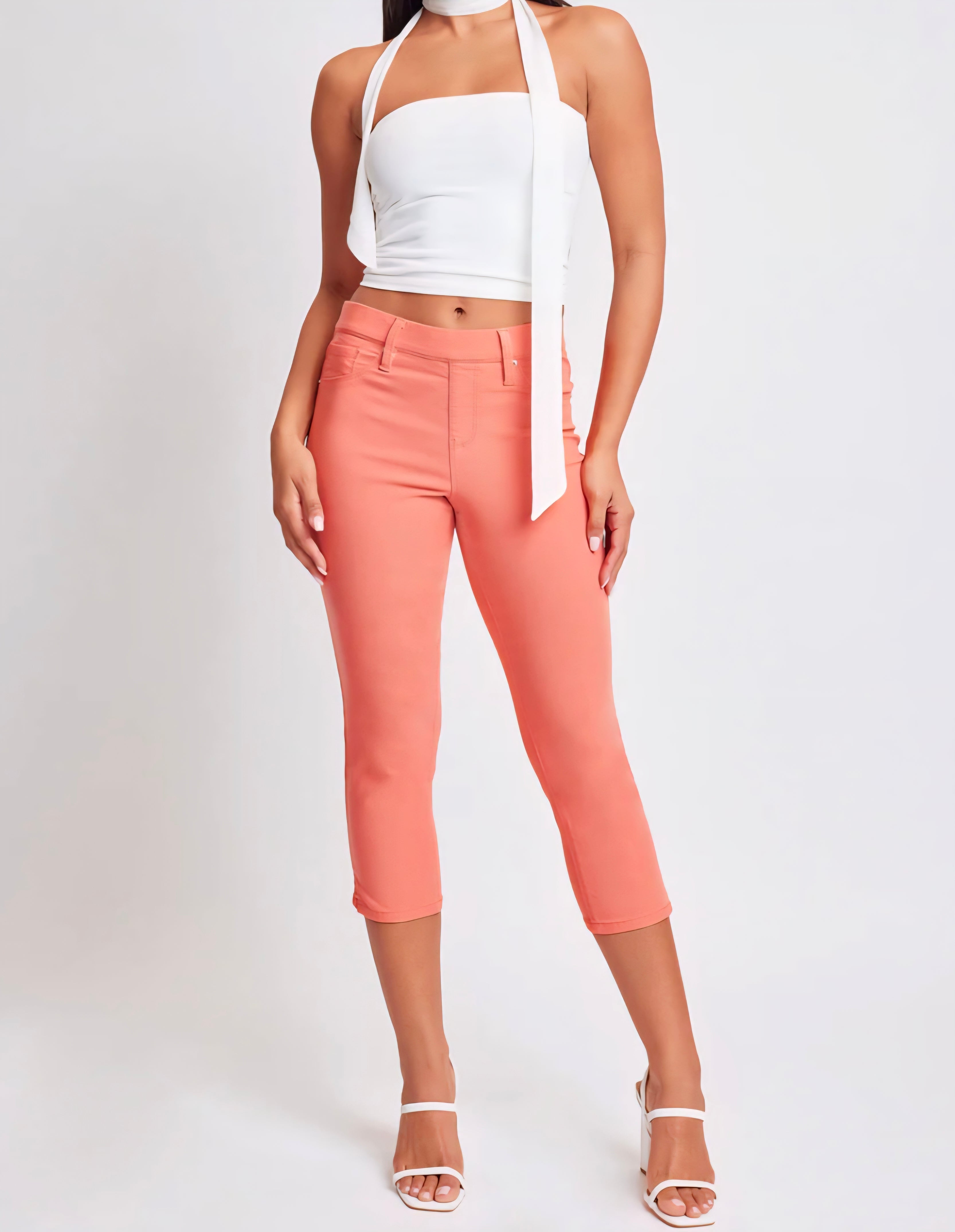 HYPERSTRETCH HIGH RISE PULL ON SIDE SLIT CAPRI PANT | Aquamarine or Coral | L & XL Only
