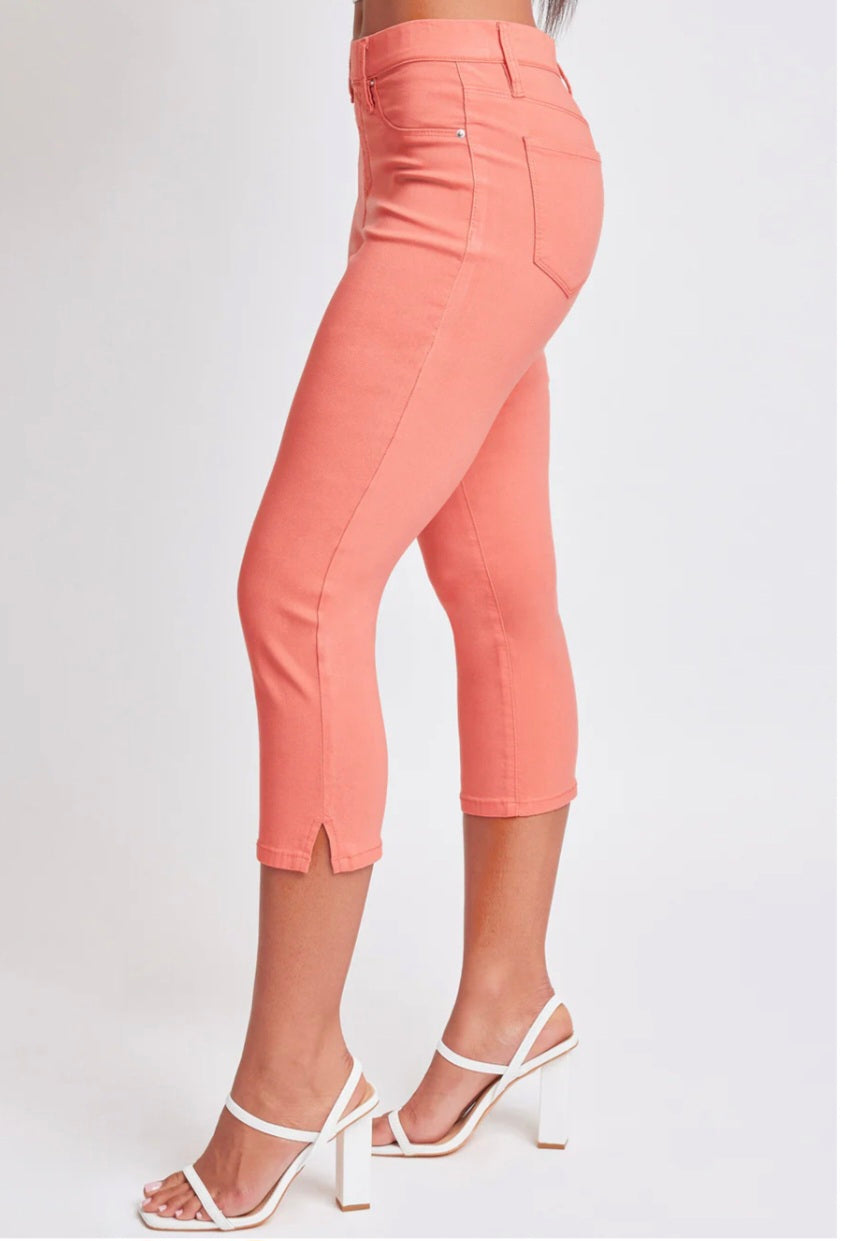 HYPERSTRETCH HIGH RISE PULL ON SIDE SLIT CAPRI PANT | Aquamarine or Coral | L & XL Only