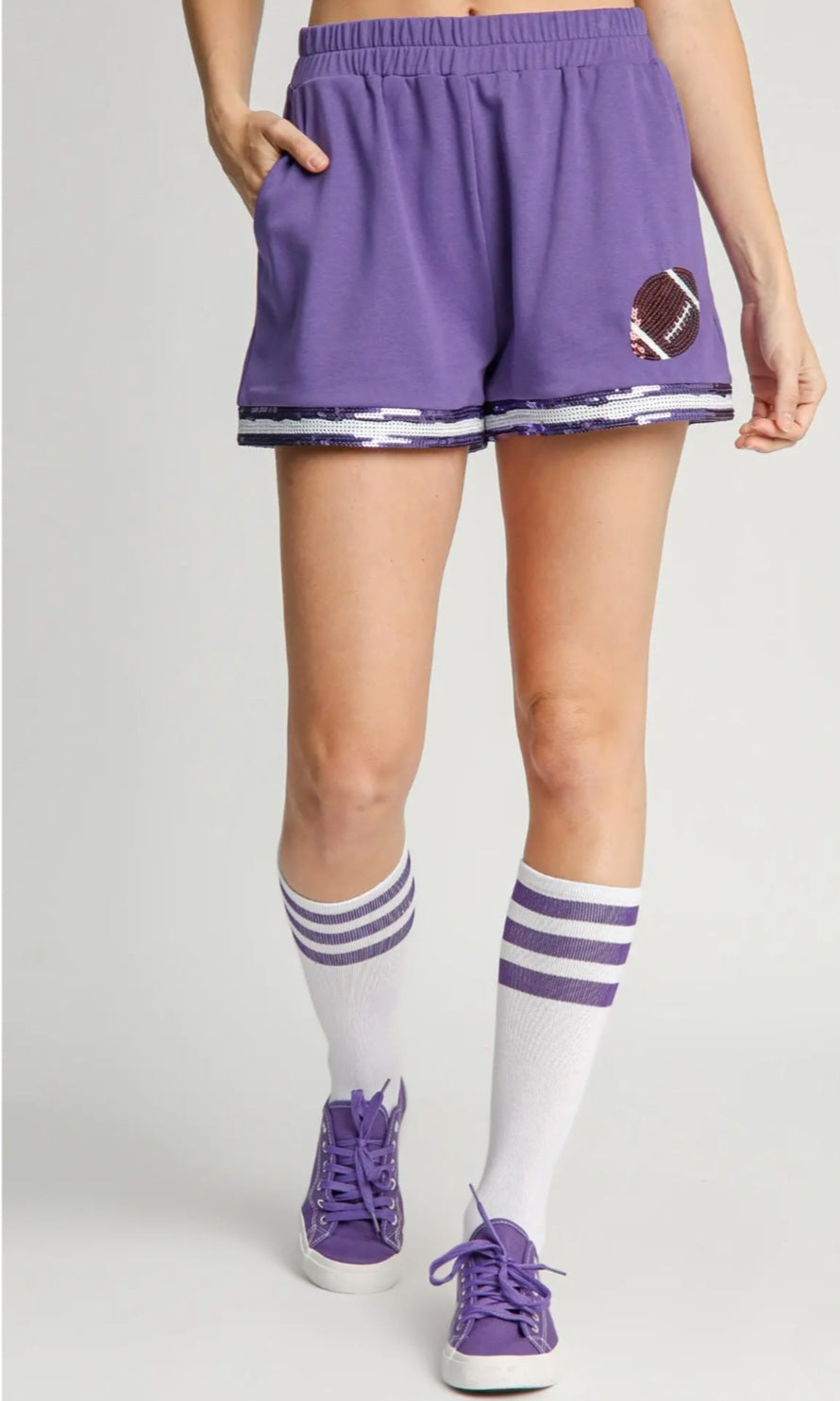 UMGEE SEQUIN EMBELLISHED TIGER GAME DAY PURPLE SHORTS