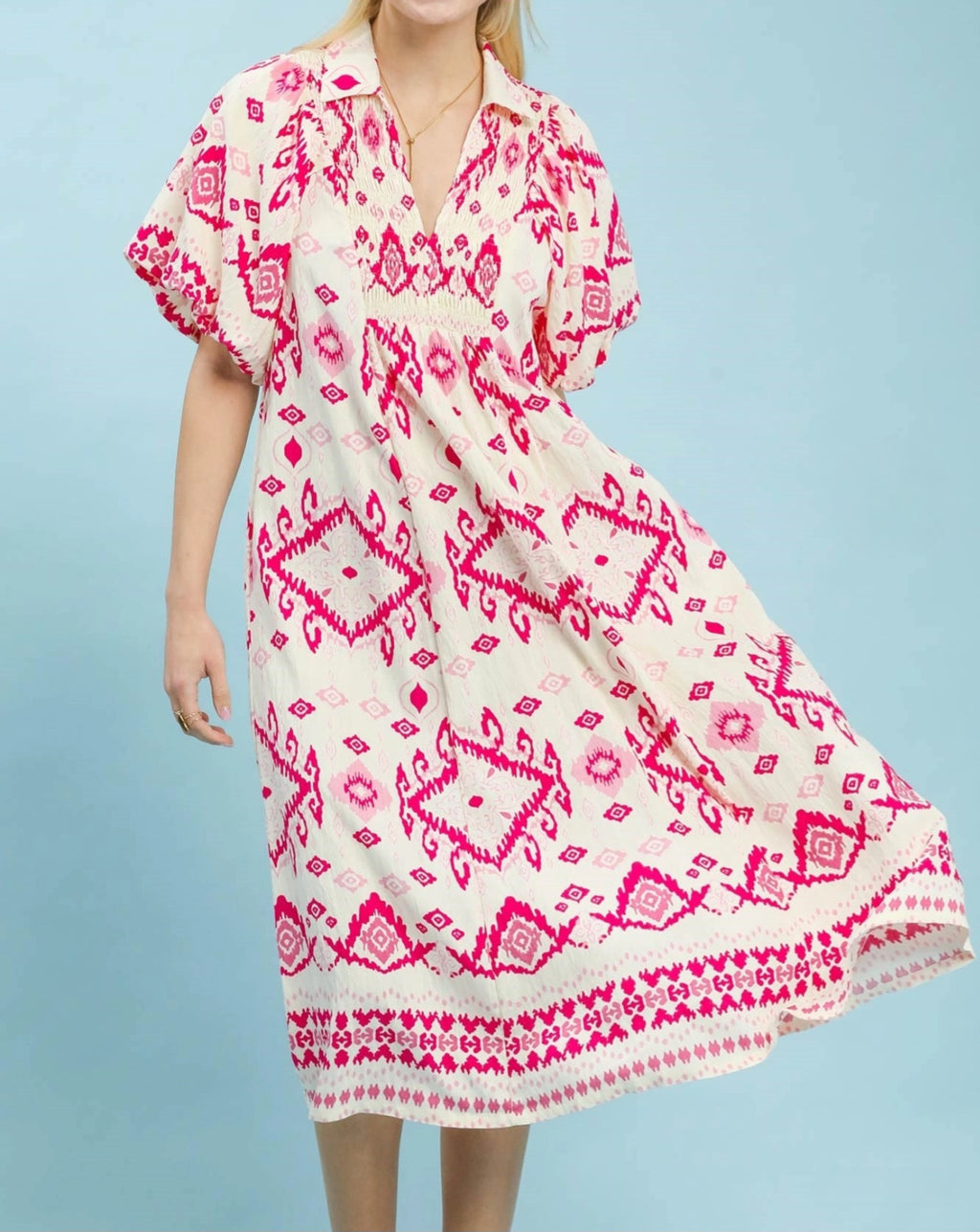 UMGEE SHORT PUFF SLEEVE LONG DRESS | Pink & White Print
